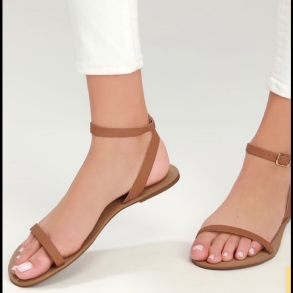 Lulus Shoes - LULUS colette cognac nappa leather ankle strap flat sandals NEW - 9